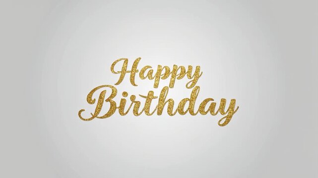 Happy Birthday gold foil text animation on clean white background, minimal elegant typography greeting for luxury party card and anniversary invitation