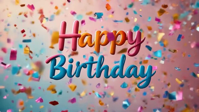 Happy Birthday text with colorful confetti falling on soft pastel background, festive celebration greeting animation for party card and invitation