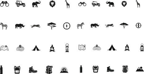 Set of safari wildlife and adventure travel icons. Vector collection of animals, camping, and exploration symbols for outdoor themes. © MSTSAMSIA