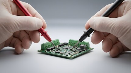 Naklejka premium Technician Testing Electronic Circuit Board with Multimeter Probes.
