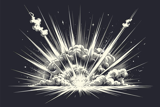 Dramatic vector illustration of a powerful explosion with massive smoke clouds bright flashes of light and radiating shockwave lines.