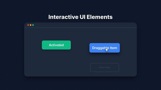 Interactive UI elements, animated green and blue buttons with draggable item and activated state, seamless loop on dark background, symbolizing user interface and digital interaction