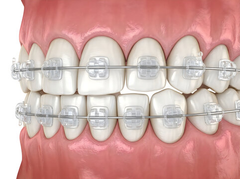 Clear ceramic braces on human teeth, aesthetic orthodontic treatment with sapphire brackets, dental alignment procedure for straight smile
