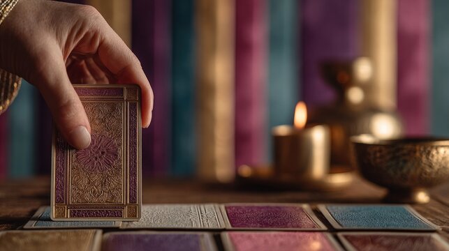 Someone is holding a taro card in their hand over a table