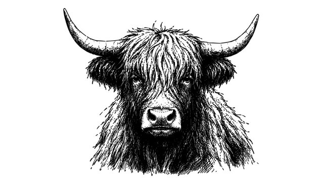 Rustic farm animal portrait featuring a shaggy Highland cow with impressive curved horns.