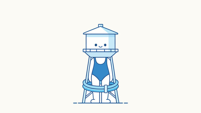 Cute anthropomorphic water tower character wearing a swimsuit and lifeguard ring, minimalist line