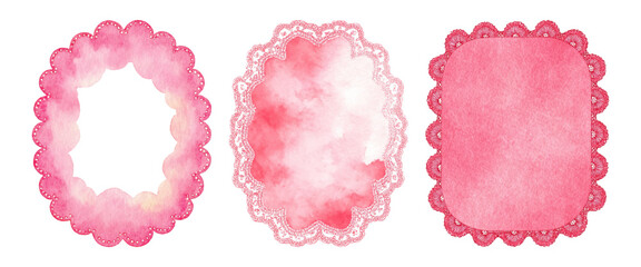 Pink watercolor frames and borders set featuring feminine lace and scalloped edge designs, providing decorative elements for greeting cards, invitations, and romantic celebrations © Mari