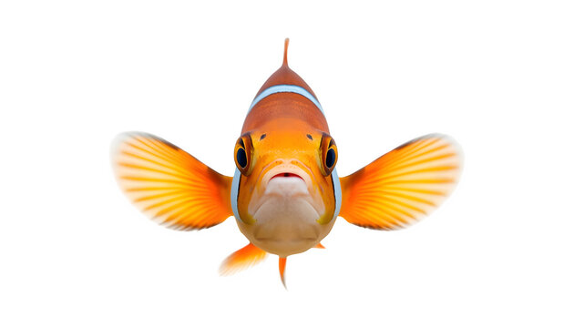 Vibrant orange clownfish swimming forward with bright white stripes and wide fins captured in a detailed front view against a clean white background showing natural aquatic beauty and marine life.