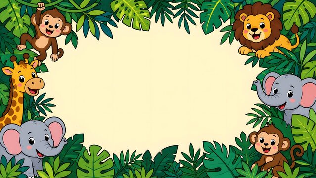 Cute cartoon jungle frame with happy safari animals and tropical leaves border adorable monkey, giraffe, lion, and elephants peeking out
