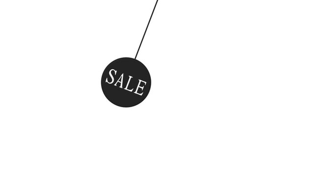 Black circular sale tag hanging by a string on white background discount promotion