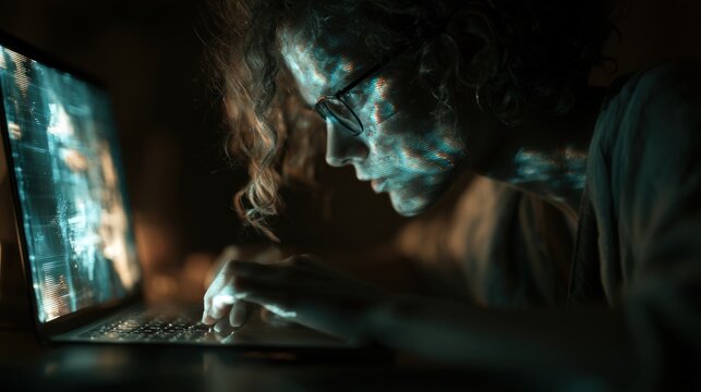 Woman using a laptop computer in the dark