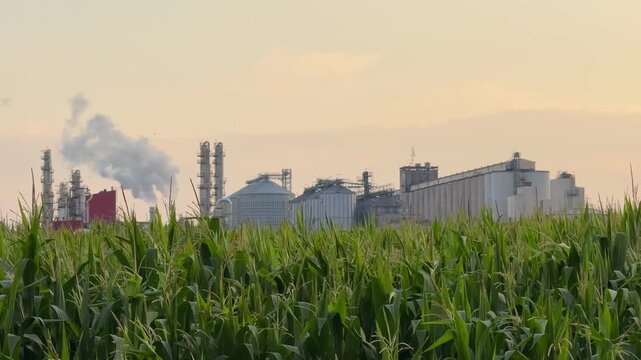 View of methanol and ethanol factory plant in corn field. Bioagra Goswinowice Ethanol Production Plant located near Nysa in Poland. Factory of bioethanol and ethanol produced from corn grain