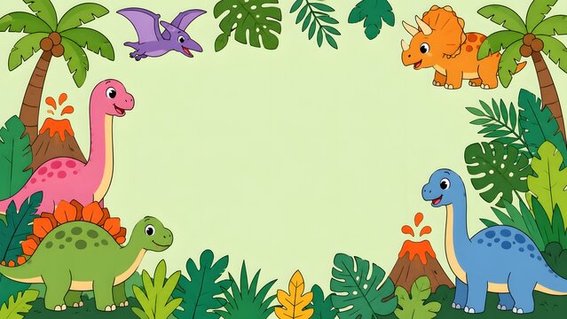 Cute cartoon dinosaur frame with prehistoric landscape, volcanoes, palm trees, and tropical leaves, perfect for kids party invitations or posters