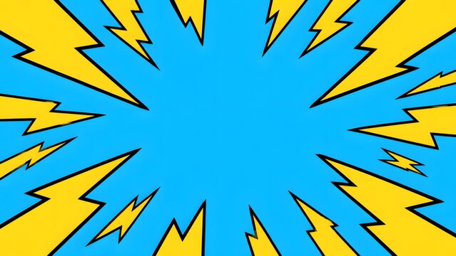 Comic book style background with yellow lightning bolts on blue background, dynamic action backdrop for design