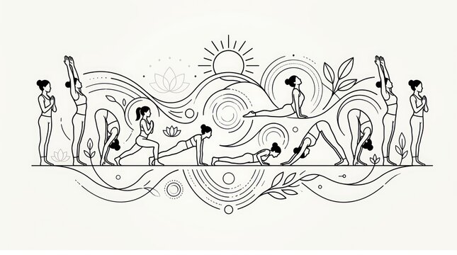 Yoga sun salutation sequence with artistic flowing lines