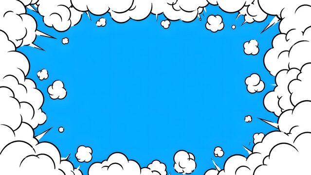 Comic book style cloud frame, manga explosion background, cartoon smoke border with blue sky center, vector illustration for speech bubble