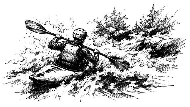 Dynamic illustration of a kayaker navigating powerful white water rapids, capturing outdoor adventure, extreme sports, fast flowing rivers, and thrilling exploration.