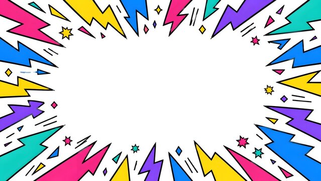 Abstract comic book background with colorful lightning bolts and stars, vibrant pop art style frame with copy space isolated on white background