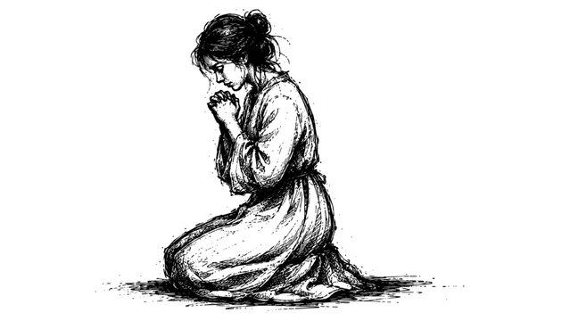 Emotional vintage engraving of a woman kneeling in prayer, reflecting faith, worship, humility, gratitude, hope, and quiet spiritual reflection.