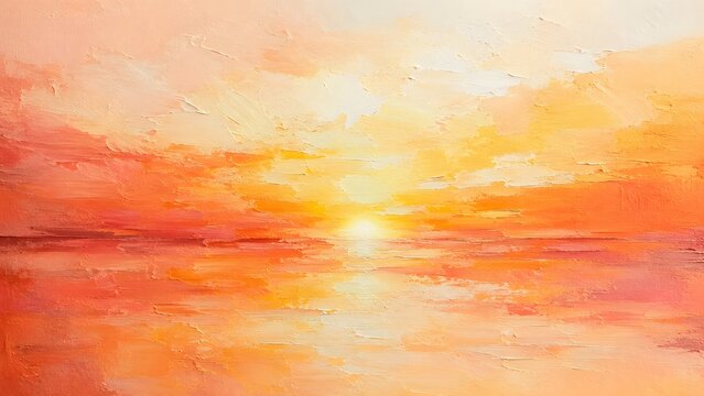 Abstract oil painting of a vibrant sunset over the ocean, featuring thick impasto brushstrokes in warm shades of orange, yellow, and soft pink