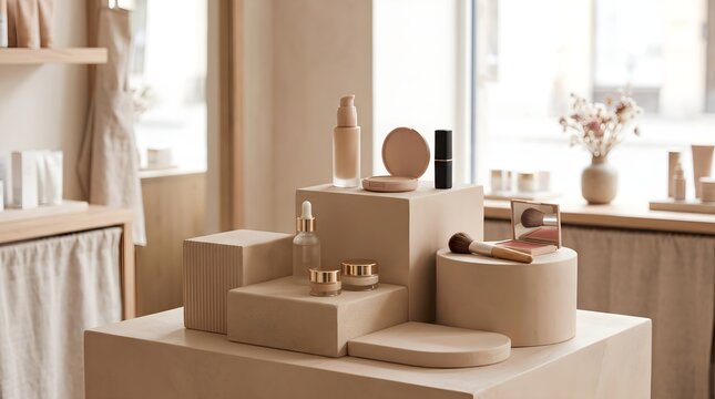 Minimalist cosmetic product display with skincare and makeup on beige platforms indoors
