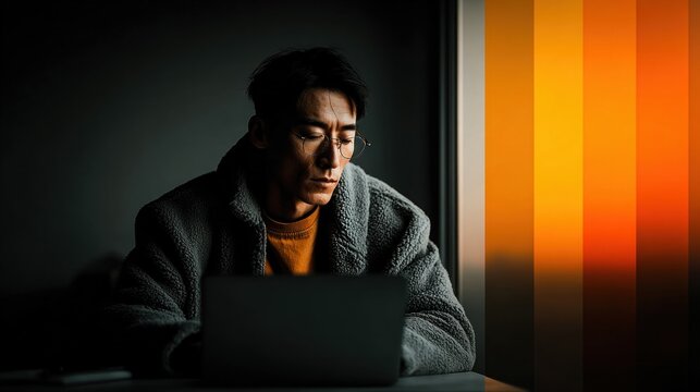 Man in a robe looking at a laptop computer