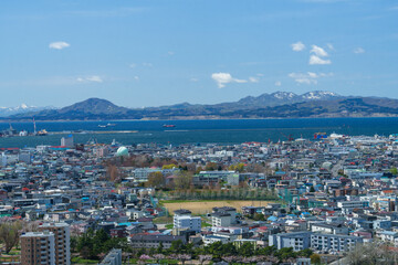 Fototapeta premium Panoramic view of Hakodate city and Hakodate Bay from Goryokaku Tower, Hokkaido, Japan