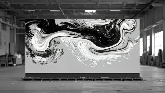 Display screen showcases a swirling monochromatic marble pattern standing in the center of a large industrial warehouse facility.