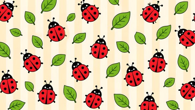 Cute ladybug and green leaves seamless pattern background, adorable cartoon ladybird vector illustration for kids fabric, wallpaper, wrapping paper