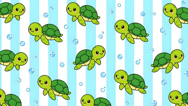 Cute seamless pattern with cartoon sea turtles and bubbles on a blue and white striped background, adorable aquatic animal wallpaper design
