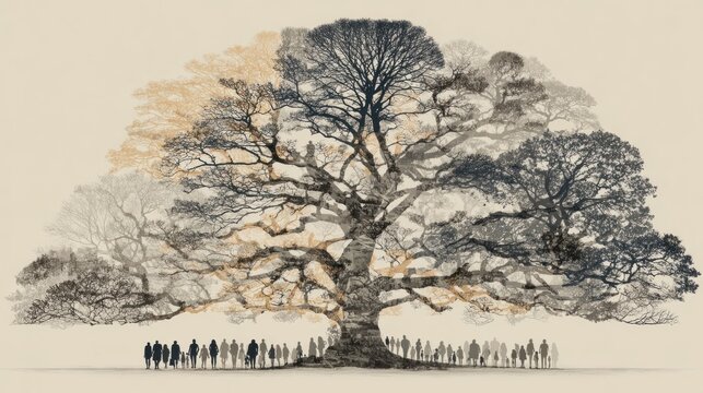 Many people standing around a tree genealogy tree concept