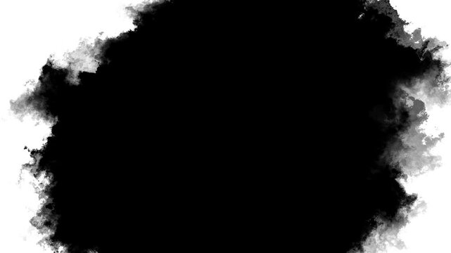 Black ink smoke frame background white gray cloudy edges, rough watercolor texture, empty center. dramatic titles, grunge intros, horror overlays, art reveals, cinematic motion loops.