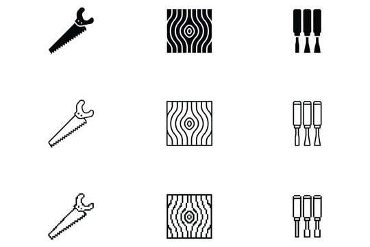 Set of woodworking icons featuring hand saws, wood grain patterns, and chisels in solid, outline, and pixel styles on a white background