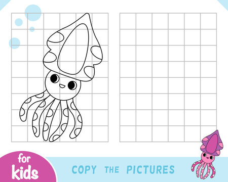 Copy the picture game with cute character squid on square grid. Educational printable worksheet for preschool and kindergarten children about sea animals