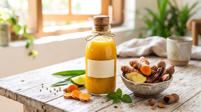 Traditional Turmeric Ginger Jamu Juice in Glass Bottle on Rustic Wood