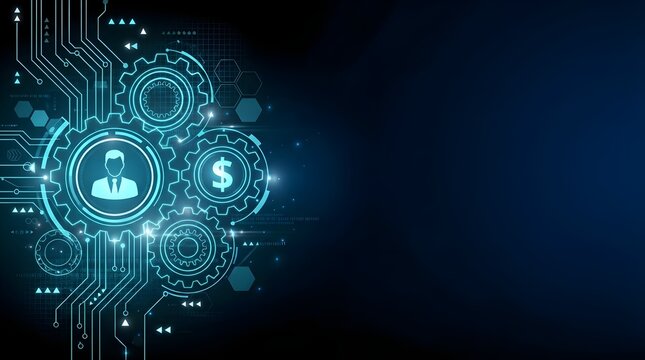 Futuristic fintech and business automation background featuring glowing neon gears with dollar and user icons
