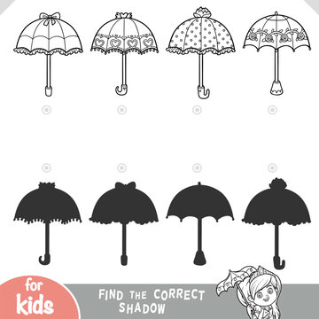 Cute set of umbrellas, find the correct shadow educational game for kids. Black and white coloring page worksheet for train logic and attention for preschool children