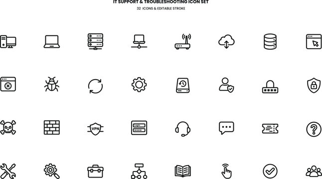 IT Support and Troubleshooting Line Icons Set &ndash; Cyber Security Network Vector
