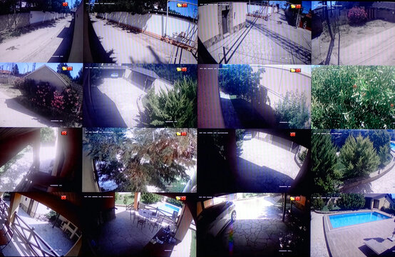 CCTV home security camera system monitor screen with multi split display close up