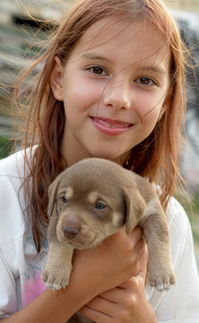 Vertical close up shot of a happy preteen girl with brown hair looking into the camera and smiling while gently cradling a small newborn puppy in her arms outdoors