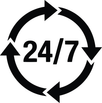 Minimalist 24/7 service icon, black circular arrow vector for around the clock support, twenty four seven customer assistance symbol