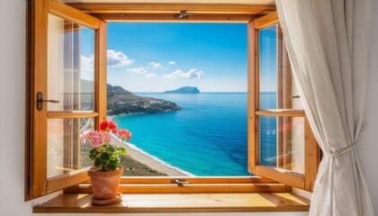 Fototapeta premium Open window with potted geraniums frames sweeping view of coastline, sea, and distant island.