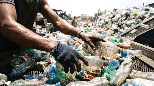 Worker sorting plastic bottles for recycling at waste facility