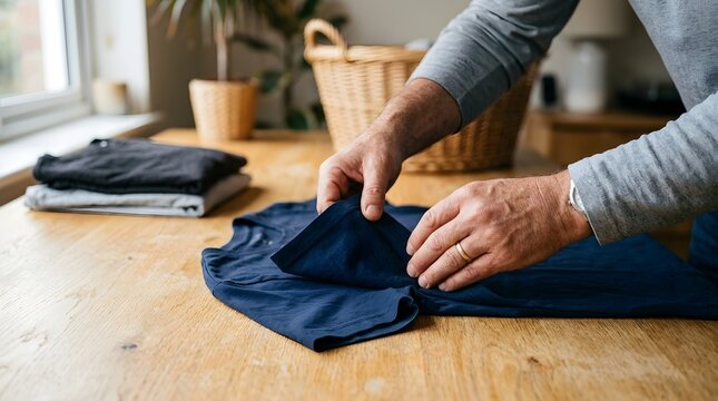 Hands tuck the sleeve of a navy cotton t-shirt while folding laundry on a wooden table in a bright room filled with soft daylight.