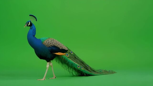 Peacock walking gracefully on a green screen during a cinematic studio shoot with soft lighting