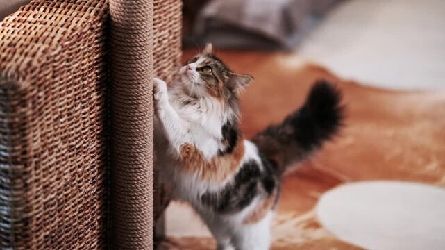 A cute long haired calico cat scratching her claws on a cat scratcher in a house