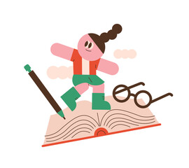 Cute cartoon girl character walking on open book with giant pencil and eyeglasses education imagination and reading concept vector illustration
