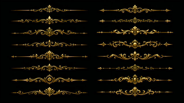 Vintage gold decorative dividers set, ornate baroque floral borders for wedding invitations, luxury metallic filigree line art on black background