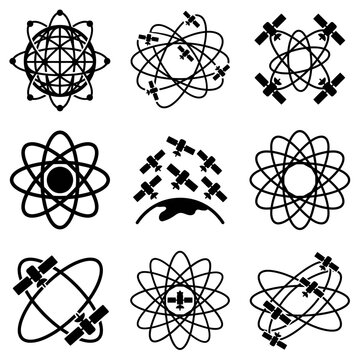 Black and white atom icons set.
