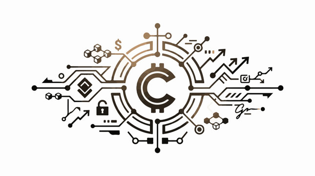 Digital network with central coin symbol lock and growth arrows